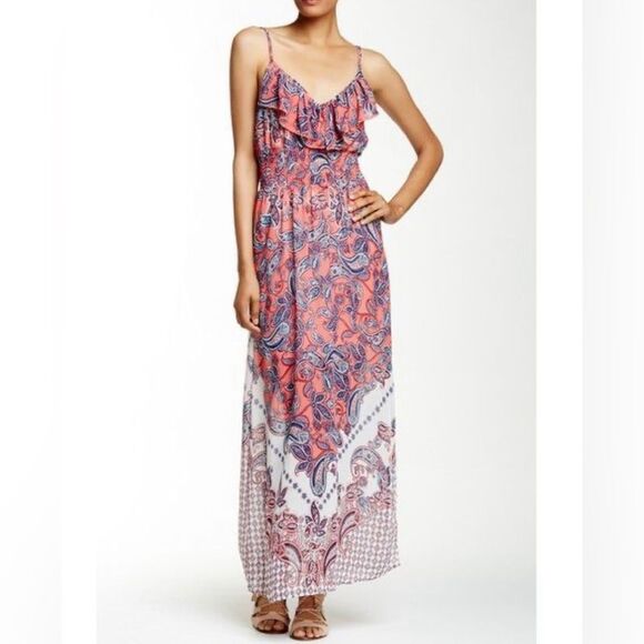 Pink and white paisley print boho smocked ruffle maxi dress size XL - Picture 1 of 9